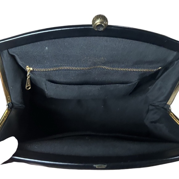 Vintage Black Leather Top Handle Handbag – Gold Frame Clasp - Picture 3 of 8